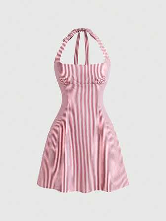 Abito mini aderente vintage a righe, con schiena scoperta e collo alto, stile dolce da vacanza
