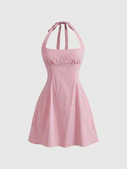 ROMWE Vestido mini ajustado con tirantes halter y espalda descubierta a rayas, estilo dulce de vacaciones