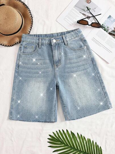 SHEIN Tonårsflicka Glittrande Strass Vintage Blå Lösa Jeansshorts