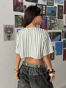 StreetHx Streetwear Women's Striped Letter Print Short Sleeve Shirt - White - View 2