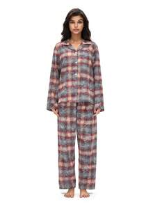 女士格子长袖上衣和裤子睡衣套装 - 彩色 - 查看 3