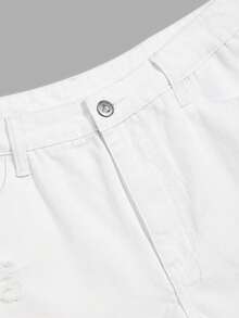 SHEIN EZwear 女士休闲时尚街头风日常通勤百搭做旧毛边白色牛仔短裤，夏季 - 白色 - 查看 4
