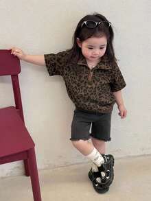 DAZY 女童豹纹翻领长袖休闲街头风卫衣 - 咖啡棕 - 查看 4