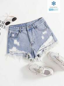 Rivivi Quần short denim nữ kiểu dáng thường ngày, rách nhẹ, có túi và gấu quần tua rua, đa năng cho trang phục hàng ngày. - Màu xanh lam - Xem 3