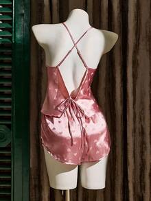 SHEIN 2pcs Women Sexy Backless Pink Heart Jacquard Satin Camisole And Shorts Pajama Set, All Season - Dusty Pink - View 3