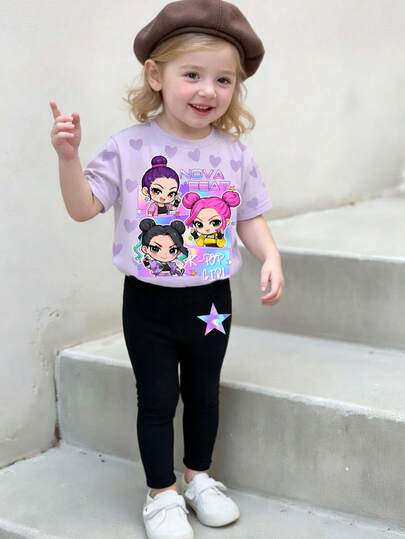 2pcs/Set Baby Girls Casual Fashion Versatile Spring/Summer Outfit, Featuring Cartoon Character All-Over Print Purple Heart Design, Loose Round Neck Purple Heart Short Sleeve T-Shirt And Black Leggings, Fashionable Casual Wear For Toddler Girls, Suitable For Outdoor, Street, School, Party, Gift