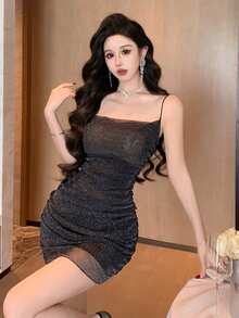 DAZY 女士纯色褶皱修身优雅吊带迷你连衣裙，返校季夏季连衣裙 - 黑色 - 查看 8