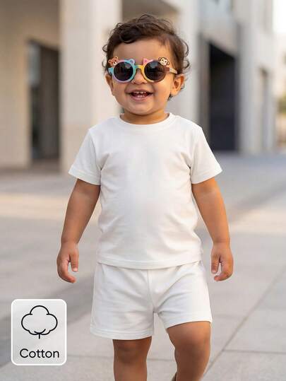 Conjunto de camiseta de manga corta de cuello redondo y pantalones cortos de cintura elástica de algodón unisex para bebé/niño pequeño de 6-36M, conjunto básico de 2 piezas de unicolor casual, adecuado para primavera/verano