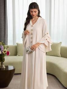 Al Najma Layered Floral Jacquard Hooded Cape With Ruffled Hem And Puff Sleeves, Elegant Robe - Apricot - View 5