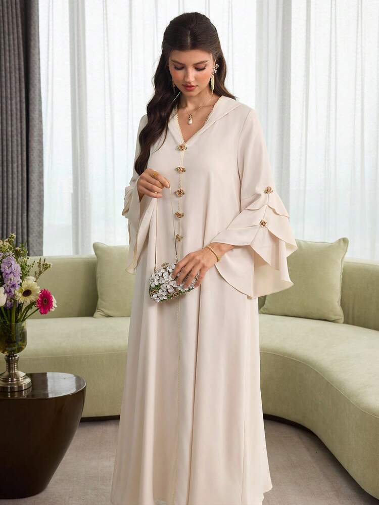 Al Najma Cape à capuche en jacquard floral à plusieurs couches avec ourlet volant et manches bouffantes, robe élégante - Nude - Voir 10