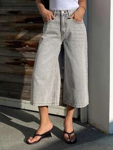 DAZY Quần jean lửng nữ dáng suông, cạp trung bình, phong cách đường phố thường ngày. - Xám - Xem 7