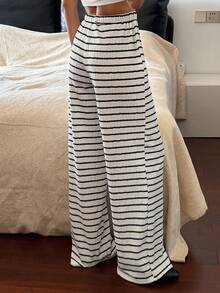 DAZY 女士条纹系带休闲度假裤 - 黑與白 - 查看 2