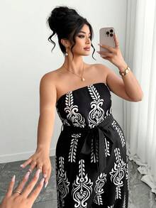 Elenzga Plus Size Women Vacation Style Strapless Wide Leg Jumpsuit - Black - View 1