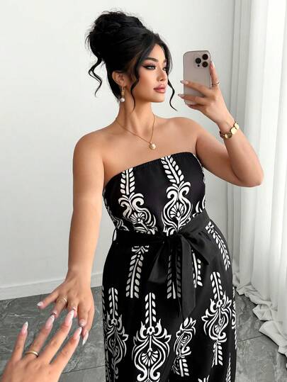 Elenzga Plus Size Women Vacation Style Strapless Wide Leg Jumpsuit