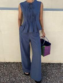 DAZY Women's Casual Sleeveless Drawstring Top And Pants 2 Pieces Set - Blue - View 1