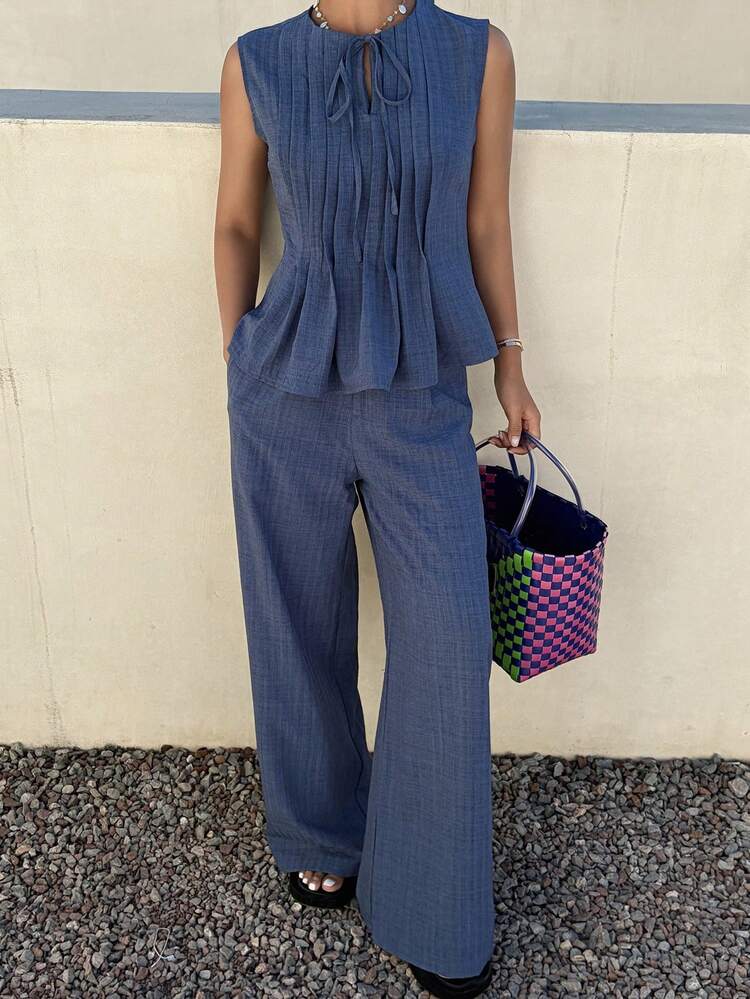 Women's Casual Sleeveless Drawstring Top And Pants 2 Pieces Set