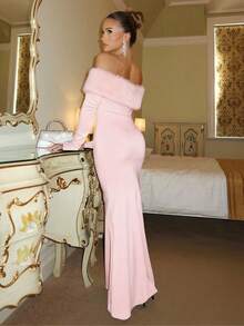 Glamine Charm Đầm maxi nhung dài tay màu hồng thu thanh lịch, hở vai, chất liệu lông thú, thích hợp cho tiệc tùng, lễ hội, thời trang đường phố, đi xem hòa nhạc, đi club, hẹn hò, sinh nhật cho nữ, mùa thu đông. - Hồng - Xem 2