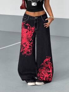 StreetHx Women's Y2K Casual Fashionable Street Cross & Plant Print Loose Wide Leg Flare Jeans - Black - View 4