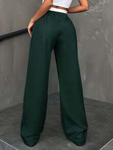 EURMUSE Cotton Women CottnLine Drawstring Waist Front Button Pants - Green - View 2
