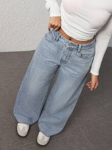 SHEIN PETITE Women's Casual Everyday Washed Slant Pocket Wide Leg Jeans - Light Wash - View 3