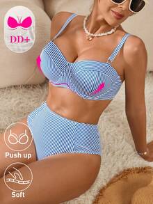 Swim DD+ Bộ đồ bơi 2 mảnh dành cho nữ, màu xanh sọc, có gọng, cỡ cúp DD+, nâng đỡ vòng một, giúp thon gọn vóc dáng, thích hợp cho kỳ nghỉ biển. - Nhiều màu - Xem 3