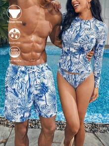 Manfinity Swimmode 男士热带印花抽绳腰带沙滩短裤，夏季 - 藍色 - 查看 1