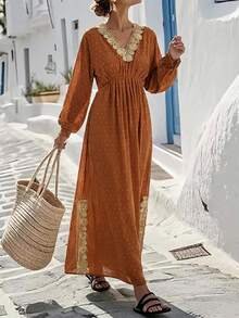 SHEIN Holidaya Đầm dài dự tiệc thường ngày dành cho nữ, cổ chữ V, đính ren, eo nhún. - Màu nâu tối - Xem 6