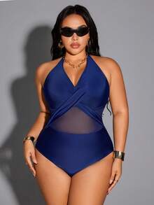 Shapewave 2026新款加大码显瘦交叉绑带钢圈加厚高腰性感透视连体泳衣，女士沙滩度假加大码泳装，女士收腹泳衣，加大码泳衣，曲线身材泳装，沙滩装 - 藍色 - 查看 6