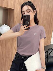 DAZY Women's Heart Embroidery Short Sleeve Crew Neck Casual T-Shirt, Summer Tee Old Money Style,Business Casual Women - Mauve Purple - View 5
