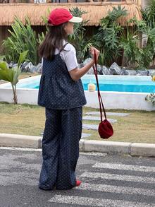 DAZY 女童波点印花牛仔吊带背心和阔腿牛仔裤两件套，秋季穿搭 - 藍色 - 查看 6