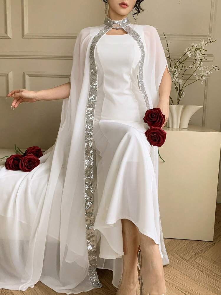 Women's Sequin Color Block Cover-Up Patchwork Slip Dress, Elegant Party Dress 2-Piece Set