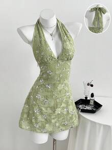 Elamini Women's Casual Sexy Halter Neck Tie Sequin Jacquard Mini Dress - Green - View 3
