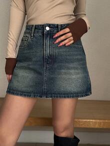 Dazy Tall Tall Women's Regular Waist Short Straight Denim Skirt, Casual Street Style - Dark Wash - View 1