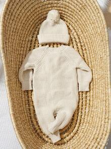 SHEIN 2 件套针织新生儿男孩女孩摄影连体衣纽扣连体衣婴儿回家装带绒球帽中性婴儿服装新生儿洗礼礼物 - 杏色 - 查看 2