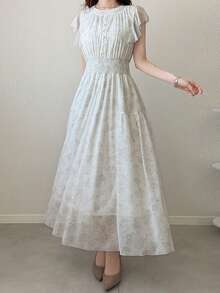 FRIFUL Women's Round Neck Poncho-Style Floral Print Chiffon Dress, Sweet Vacation Wear - White - View 3