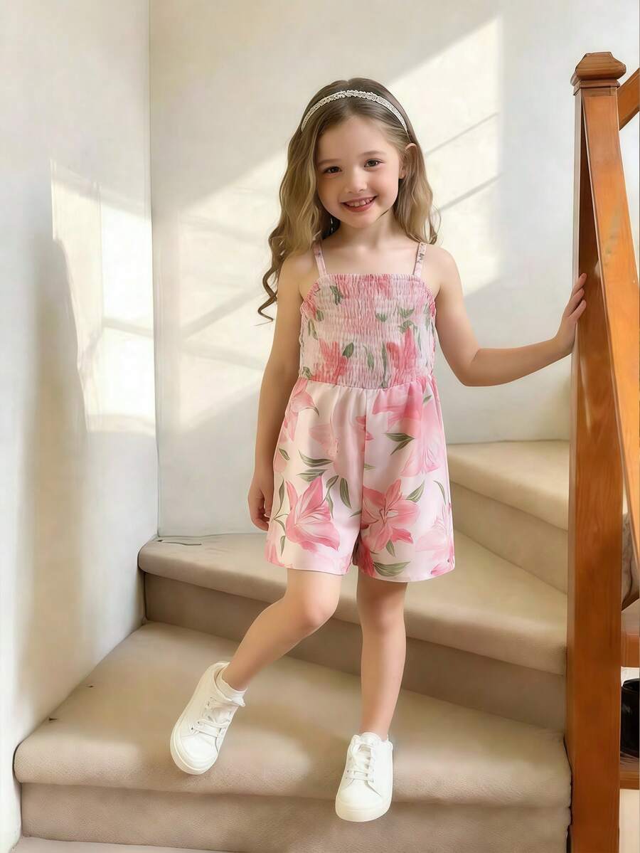 Elladie kids 女童腮紅粉小碎花連身褲,抹胸上衣細肩帶百褶短褲,法式鄉村正式風,適合夏季、7歲生日、海灘派對 - 彩色 - 查看 1