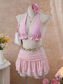 Swim Mod Conjunto de bikini con volantes y top halter para vacaciones de verano en la playa, con pareo y falda - Rosa - Ver 10