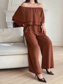 DAZY Bộ áo liền quần nữ thanh lịch màu trơn có bèo nhún ở gấu, thích hợp cho mùa hè. - Màu Cam cháy - Xem 5