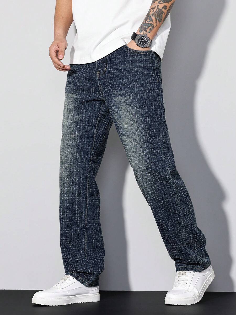 Manfinity Homme Quần jean denim nam kiểu retro vintage, quần ống đứng dáng ôm thoải mái. - Rửa trung bình - Xem 1
