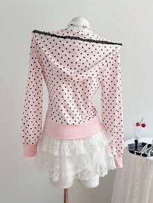 Elamini Women's Pink Polka Dot Print Spliced With Black Lace Trim Zip-Up Hoodie, Spring/Summer , Vacation, Sweet & Cute, Elegant Casual, Back To School/Graduation, Versatile For Street, Home, Daily Wear - Pink - View 2