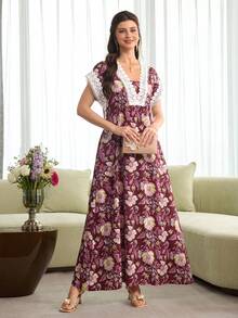 Al Najma 优雅花卉印花拼接蕾丝边饰短袖长连衣裙，春夏款 - 酒紅色 - 查看 5