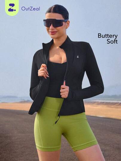 OutZeal 女士健身服户外夹克黑色运动黄油般柔软修身拉链夹克