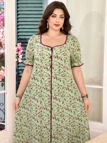 Lacomfia Đầm nữ cỡ lớn cổ vuông tay cánh hoa dáng rộng thoải mái họa tiết hoa nhí lãng mạn - Nhiều màu - Xem 3