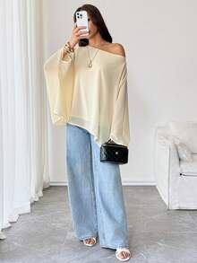 INAWLY Women's Semi-Sheer Vacation & Office Wear Asymmetrical Shoulder Blouse - Apricot - View 7