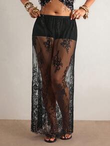 Freevana 大码女式黑色夏季时尚性感透视蕾丝超长百搭半身裙 - 黑色 - 查看 3