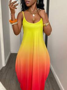 Eryvara 女士春夏V领宽松渐变印花长连衣裙，带肩带，春夏连衣裙，肩带连衣裙，春季服装，肩带连衣裙，外出装扮，时尚休闲性感肩带连衣裙 - 黃色 - 查看 8