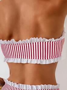 Swim Basics Spring/Summer Beach Vacation Striped Print 2 Pieces Set, Ruched Neckline, Ruffled Hem Pants - Red - View 4