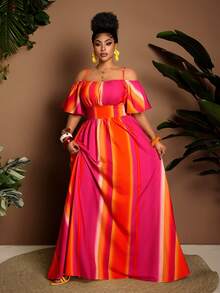 Vestido de talla grande sexy con hombros descubiertos y cintura ceñida, con un ajuste favorecedor, adecuado para Halloween, primavera/verano - Rosa Fucsia - Ver 6
