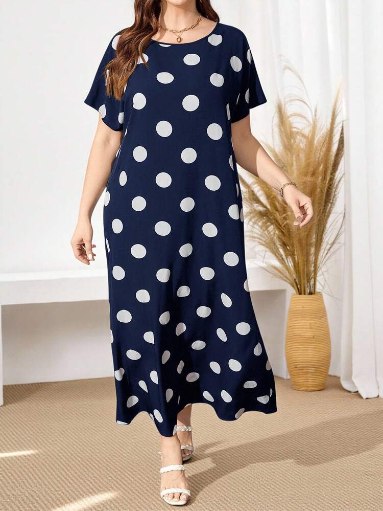 Plus Size Women'S Black And White Polka Dot Long Dress, Summer Outfits For Women