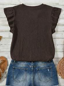 EMERY ROSE 咖啡色纹理竖条纹荷叶边前扣女式T恤 - 咖啡棕 - 查看 2